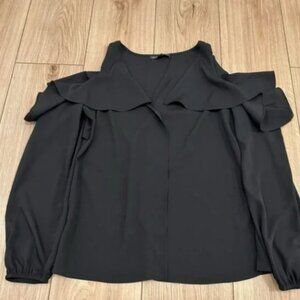 Saks Fifth Avenue Cold Shoulder Black Ruffle Blouse